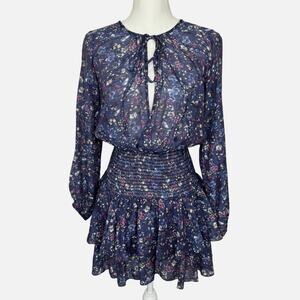 Revolve Rays for Days Smocked Long Sleeve‎ Mini Dress Small Blue Floral Viscose